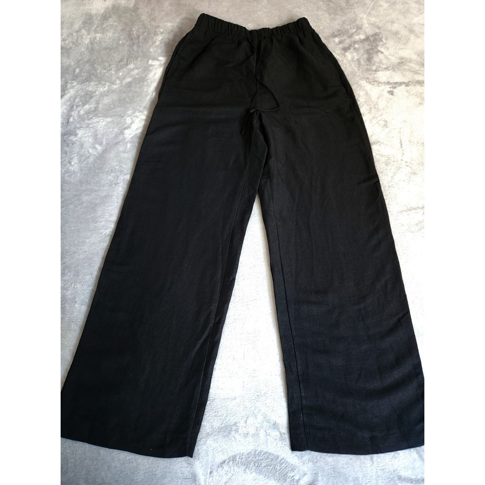 H&M Trouser Pants Womens XS Black Linen Blend Wide Leg Elastic Waist Resortwear